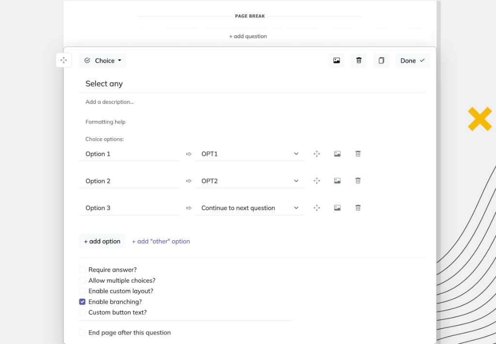 Page break and per-option branching in the survey editor